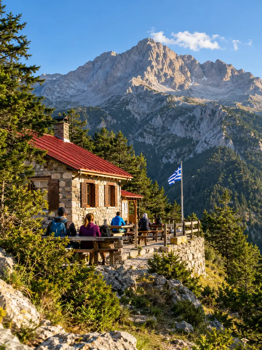 A stone refuge with a red roof on a forested ledge, hikers resting outside, the rocky summit peaks above in afternoon sun