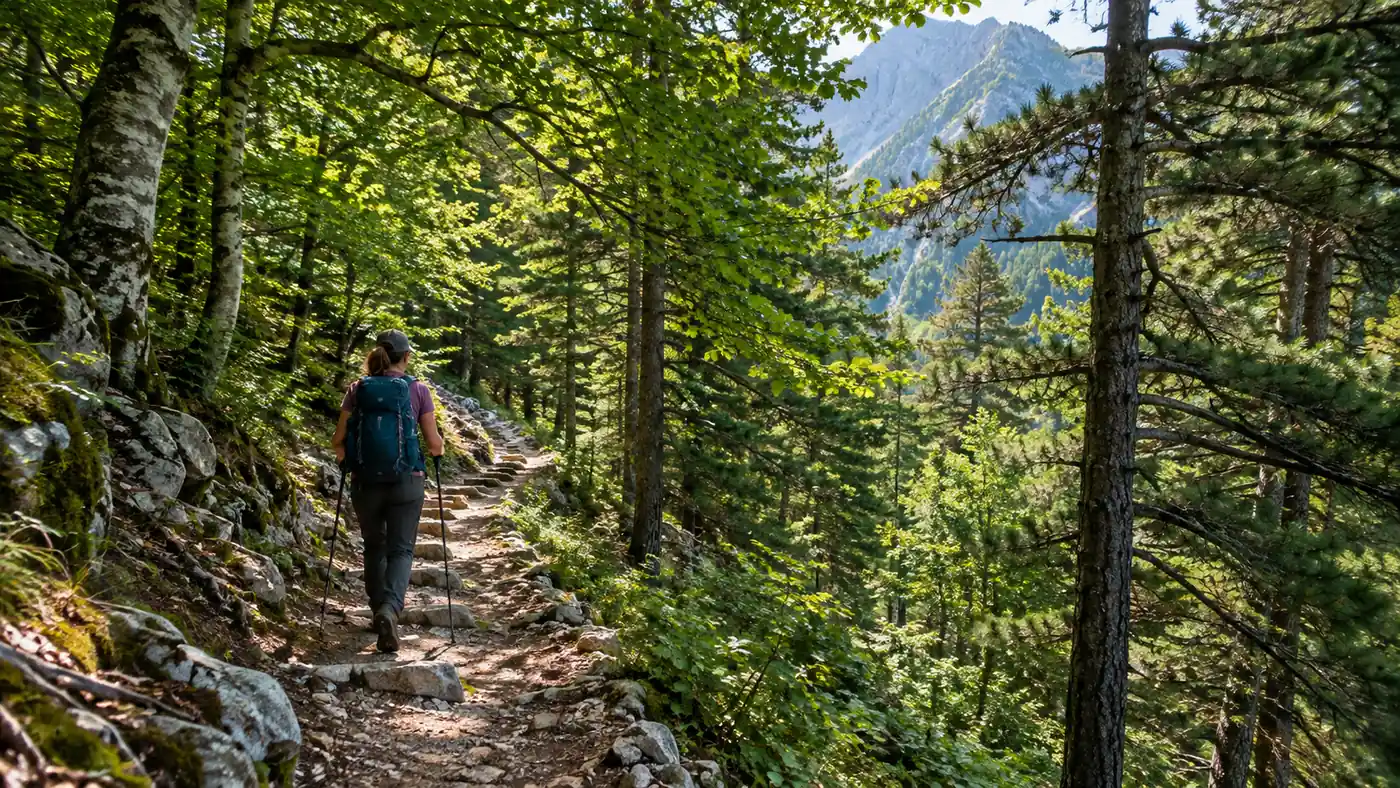 A hiker with trekking poles on a shady zigzag path through beech and pine forest in dappled sun