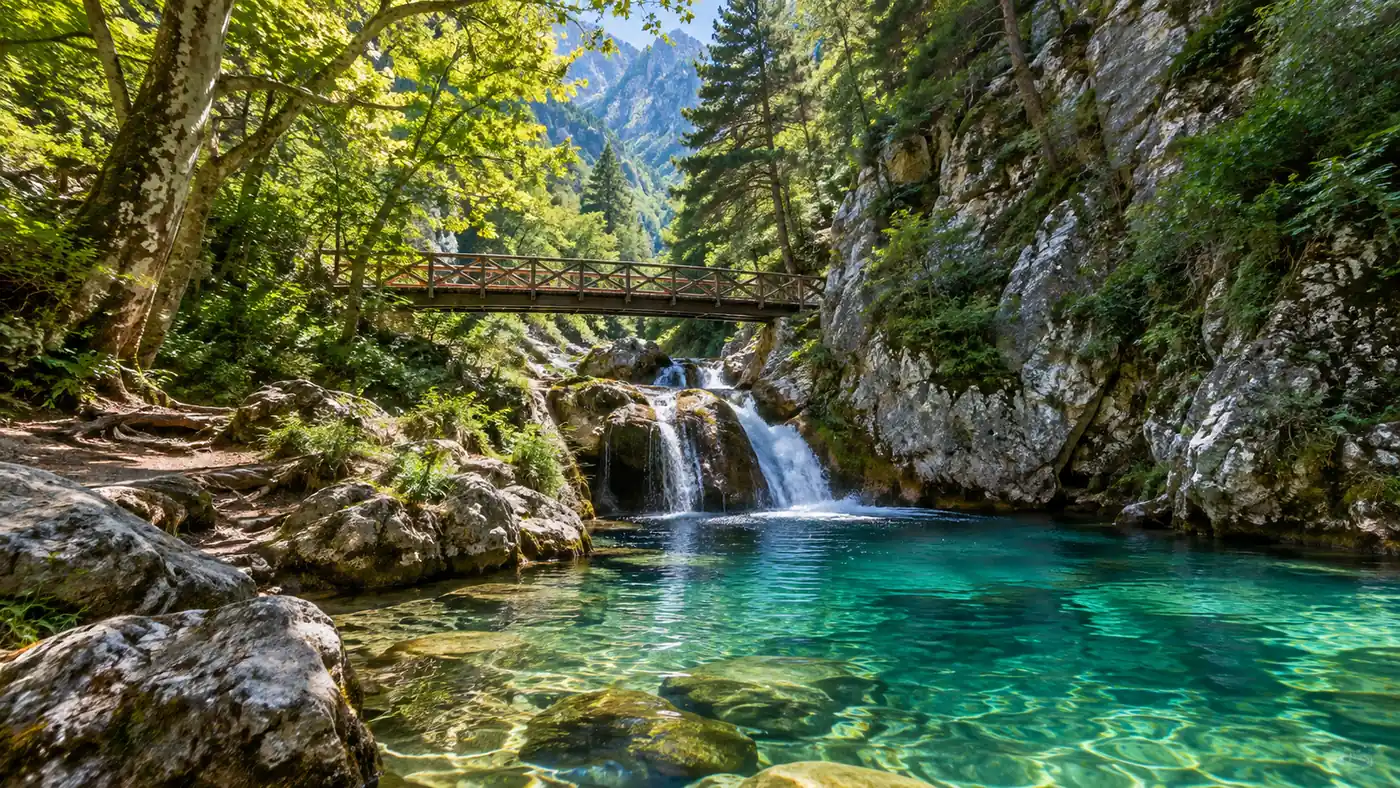 A clear emerald pool and small waterfall in a forested limestone gorge with a wooden footbridge